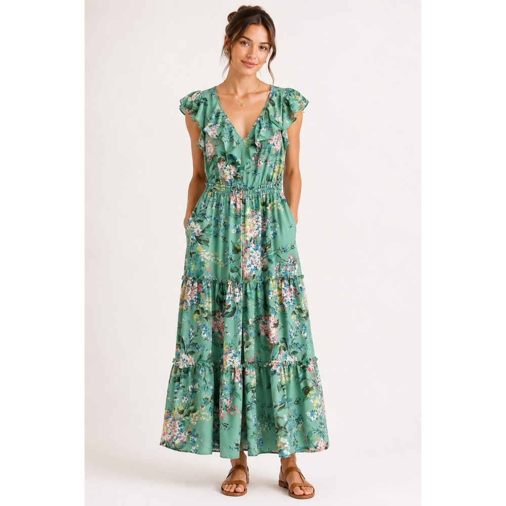 LC Lauren Conrad Floral Ruffle Maxi Dress Mint Green Tiered Sleeveless Small